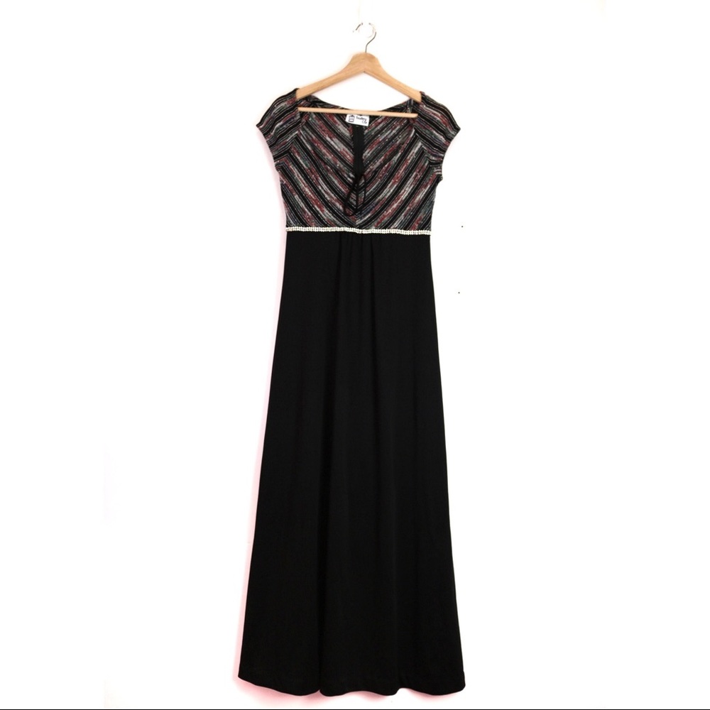 🍓VINTAGE 70s Disco Silver Black Glam Maxi Dress